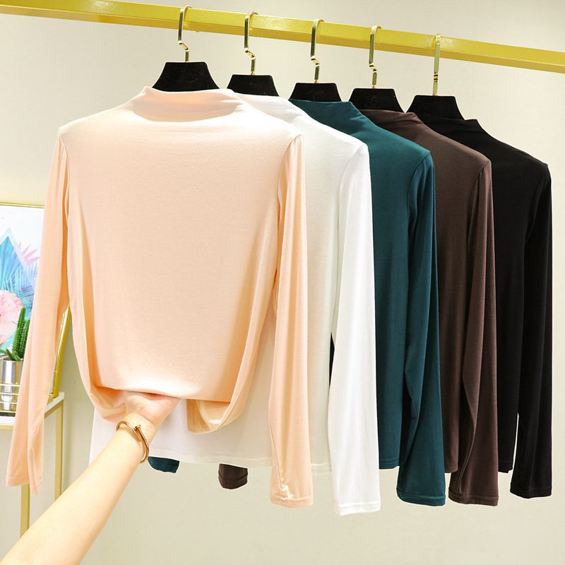 Spring and Summer Bit Cotton High Collar Long Sleeve T-Shirt Loose Women's Top Korean Version Thin Color Base Shirt Large