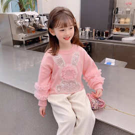 女童加绒卫衣新款2026秋冬装女孩洋气兔子套头上衣儿童春款粉色潮