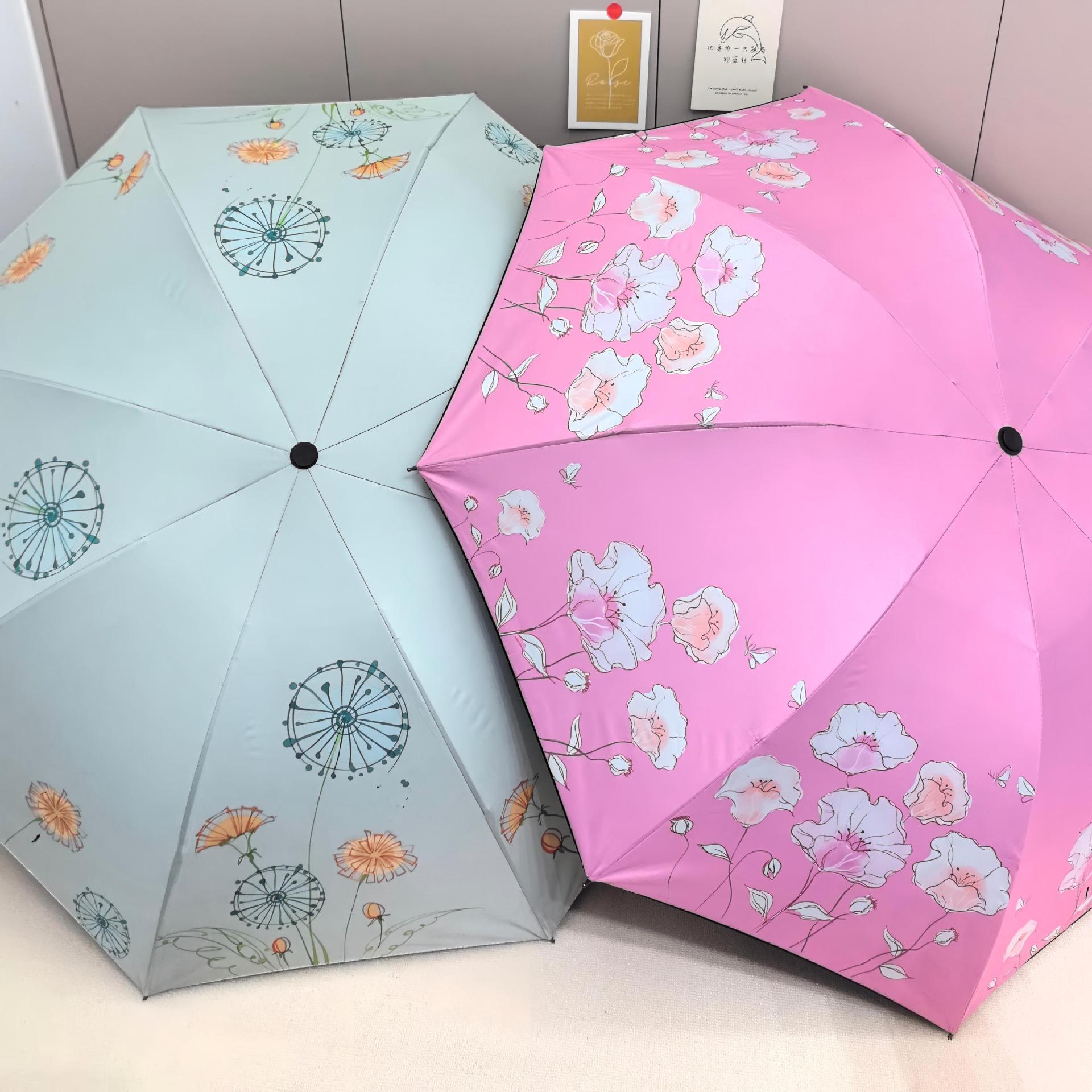 Sombrilla, de doble propósito para sol y lluvia, serie de flores, sombrilla plegable con revestimiento negro para protección solar.