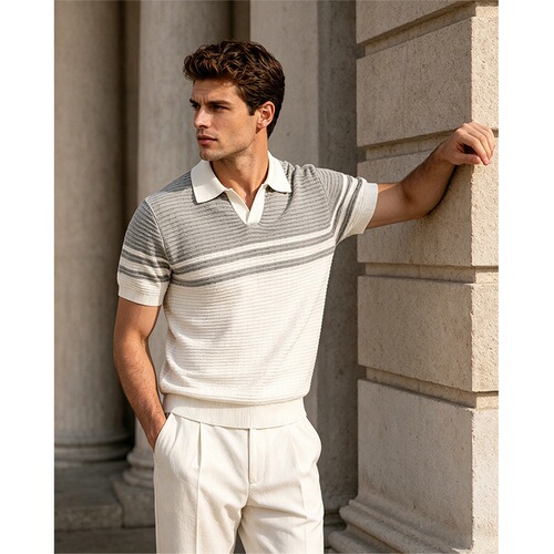 Retro style men's contrasting color stripe stitching knitted short-sleeved POLO shirt comfortable breathable summer men's Polo shirt trend