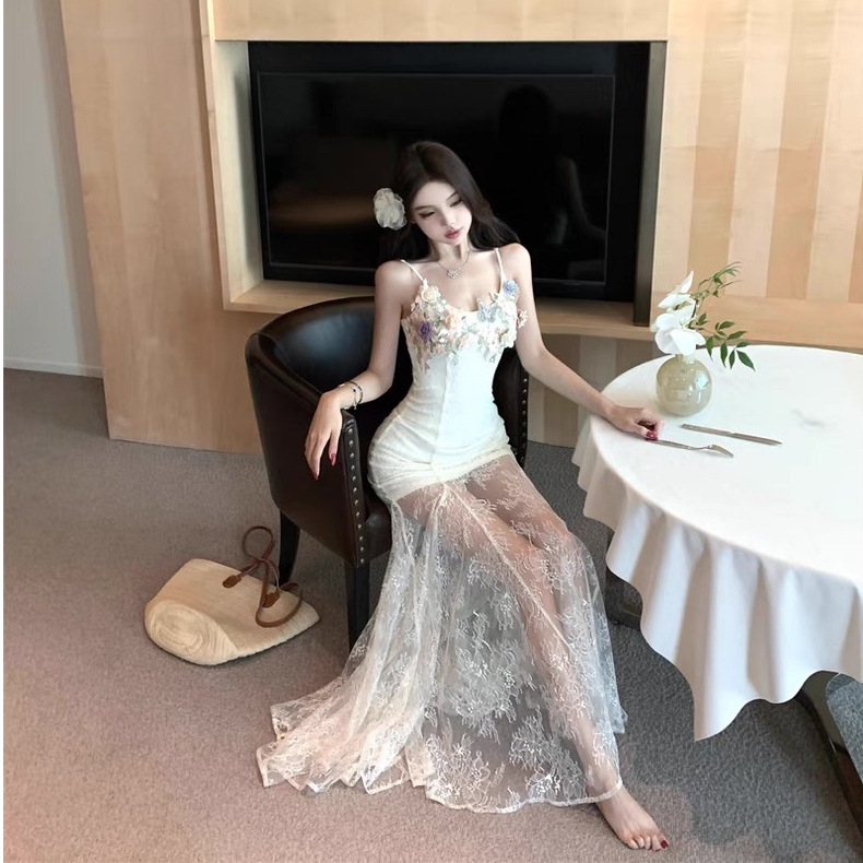 夏の美しい写真撮影ドレス、ヘビーレーススカート、フレンチエレガントなホリデーサスペンダーロングスカート|undefined