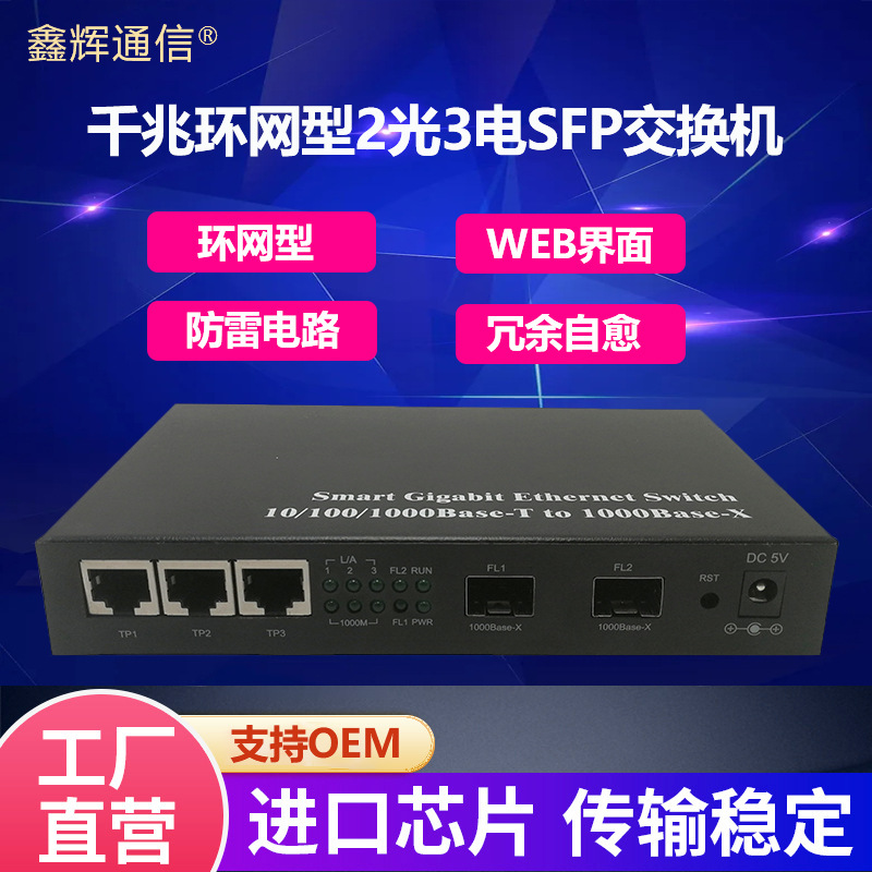 商业级环网千兆2光3电SFP光纤收发器冗余自愈管理转换器LC交换机
