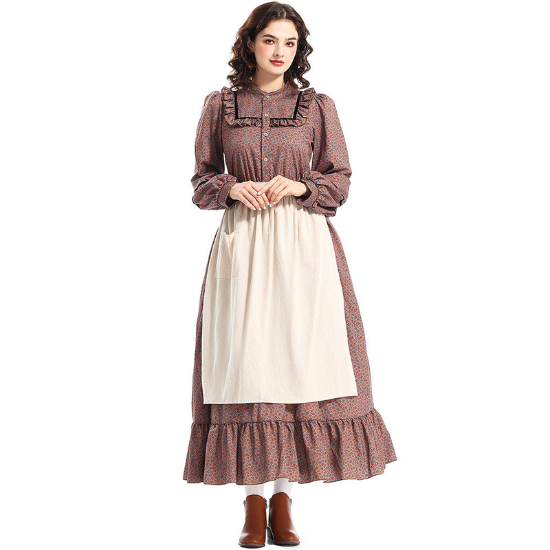 Halloween Costume Prairie Colonial Brown Pastoral Floral Dress Pioneer Costume Victorian Medieval Costume