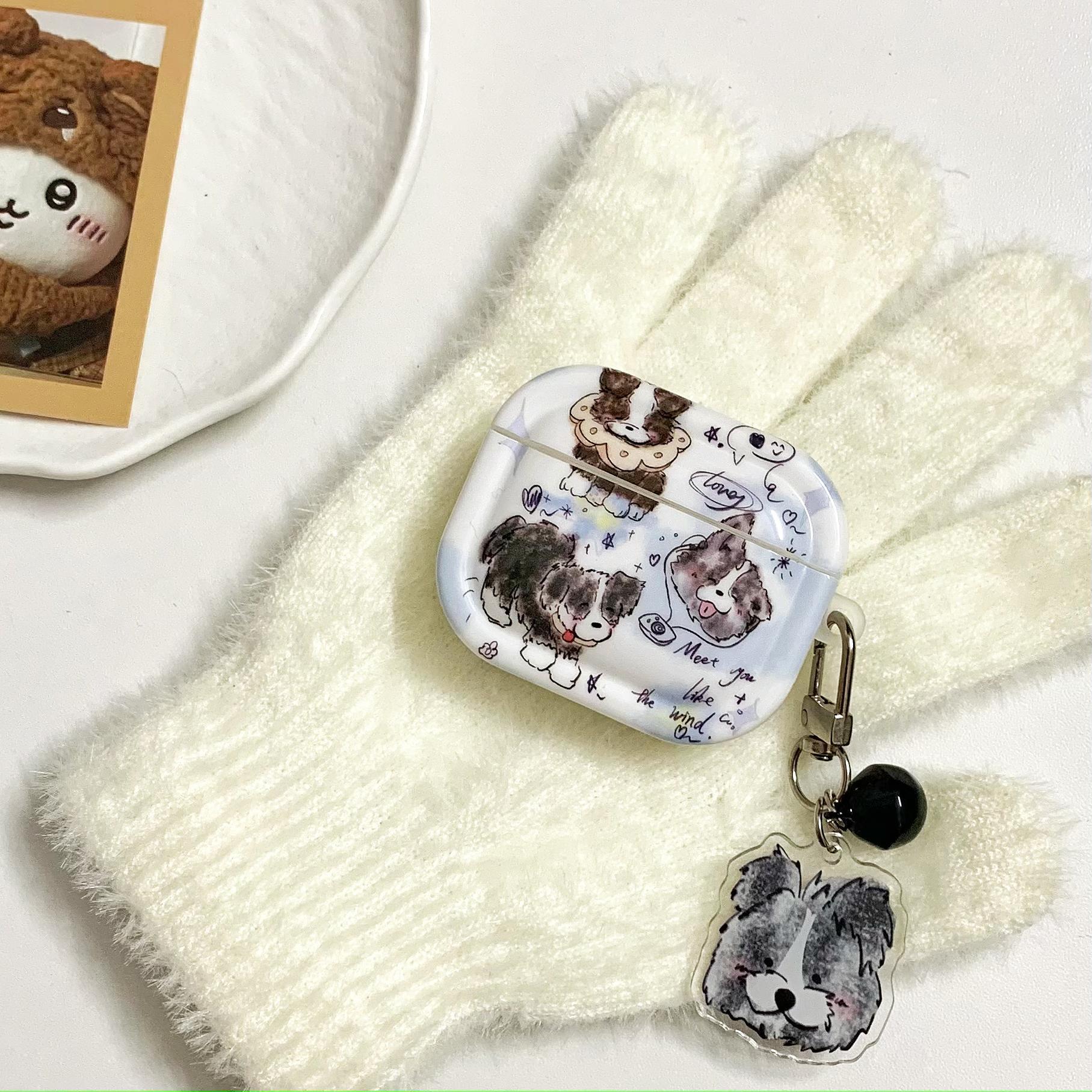 Ins divertidos dibujos animados graffiti borde pastor perro adecuado para AirPods 4 generación cubierta inalámbrica Bluetooth Apple 1/2 generación