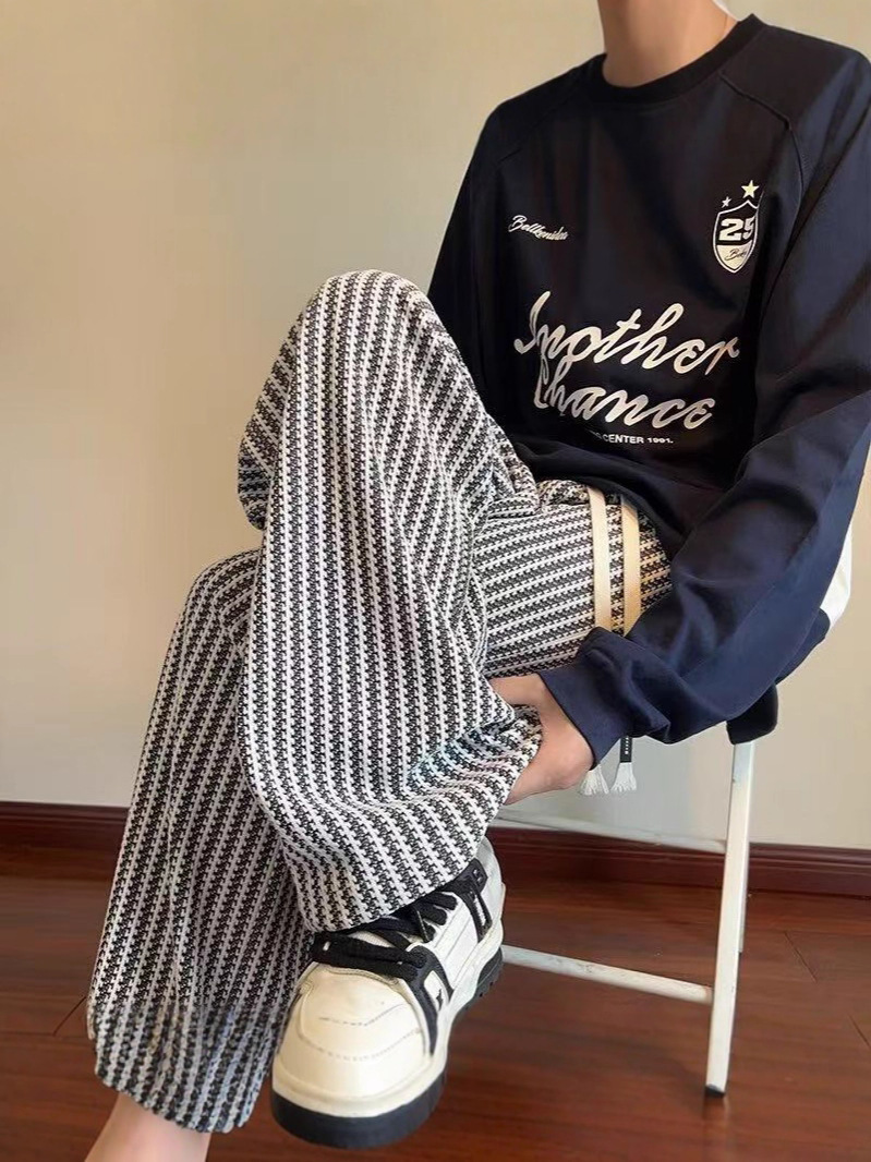 Pantalones deportivos casuales para hombres otoño y invierno marca de moda transfronteriza estriada de punto suelta rectos pesados pantalones