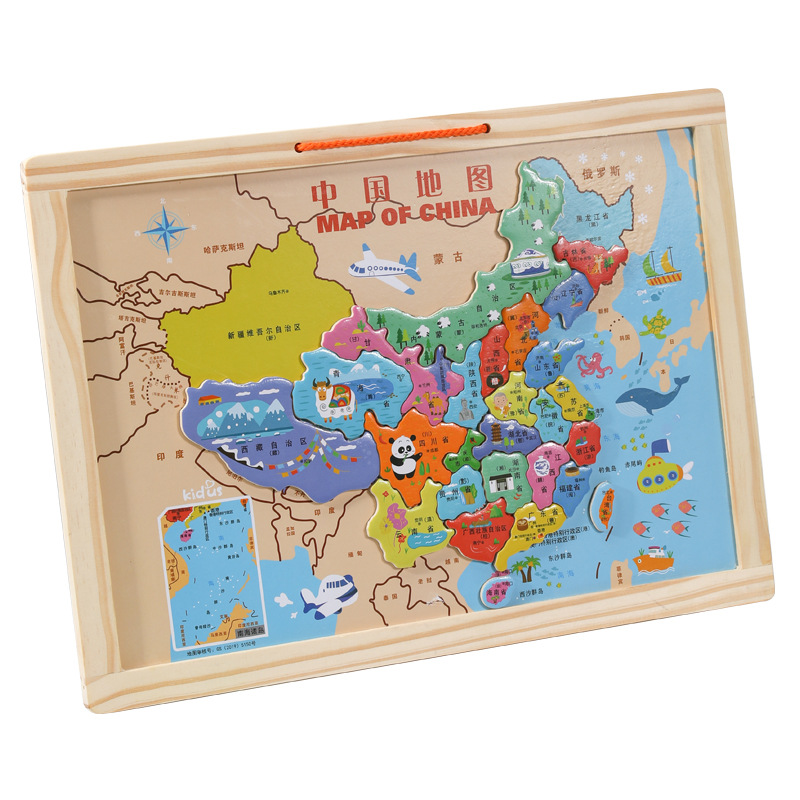 Madera grande magnética mapa de China creativo tablero de dibujo de dos caras diseño infantil puzzle mapa del mundo juguetes de madera