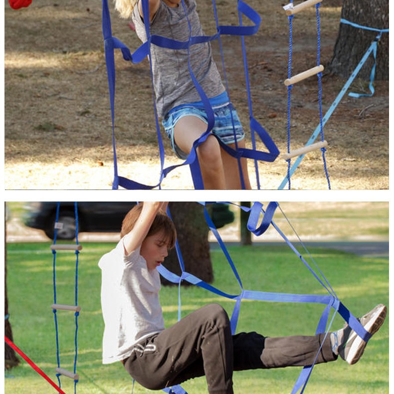 高强涤纶织带攀爬网 户外三间色攀爬网 儿童体能训练攀爬彩虹带网