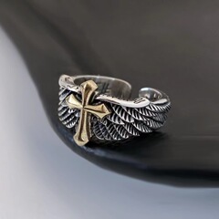 Retro Silver Cross Wing Men's Ring Graffiti Letter Creative Hip-Hop Personality Men's and Women's Open Finger Ring
