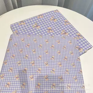 40支纯棉数码印  灰蓝色格子底蝴蝶结小熊  手工发圈连衣裙服装面