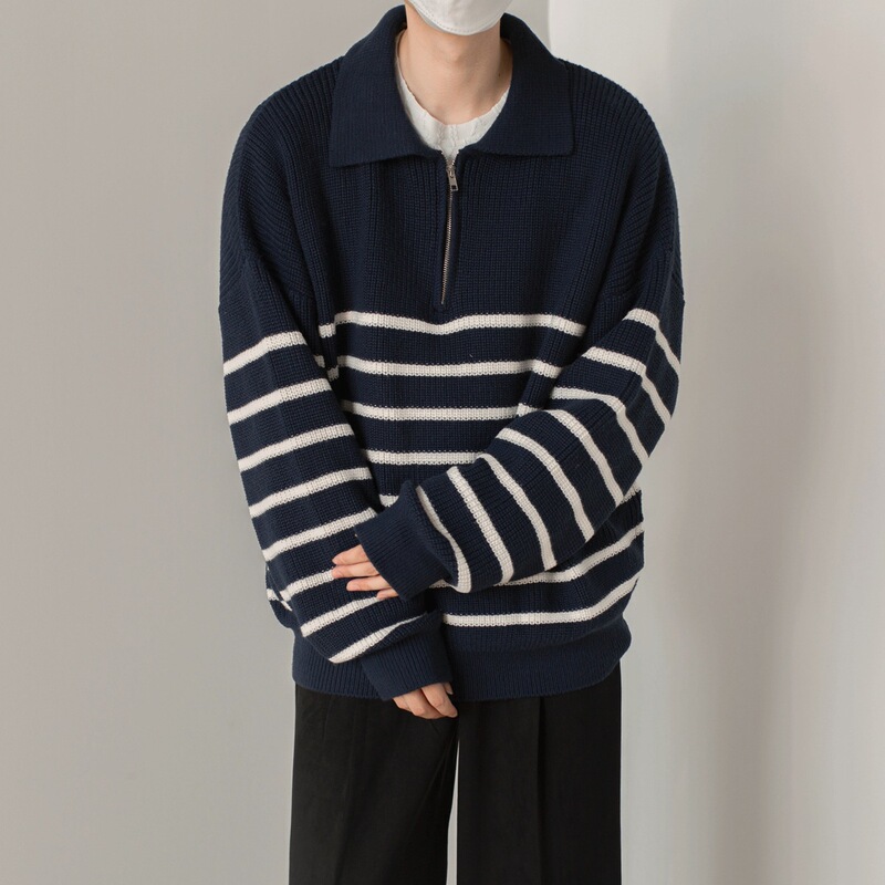 Half zipper sweater men's striped loose long-sleeved sweater French temperament woolen lapel casual