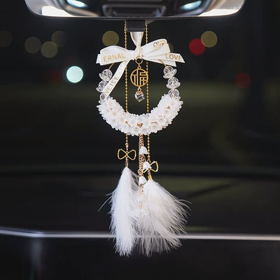 Car Pendant with a High-End Feel, Lily of the Valley Flower Ornament, Car Rearview Mirror Safety Pendant, Electric Vehicle Interior Decoration Pendant (Car hanging) - lily-of-the-valley-pearl-white-gift-box-style-feather-ornament