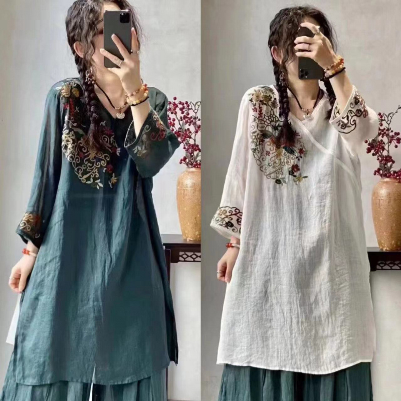 【1953】Heavy Embroidery Ethnic Style Mid-Length Summer New Vintage Artistic Top with Nine-Quarter Sleeves