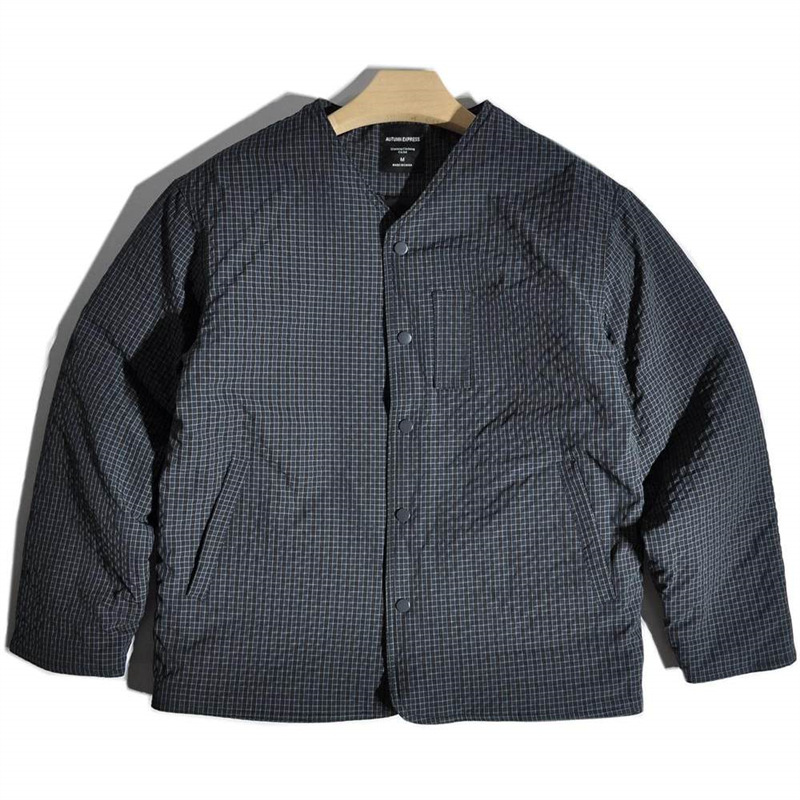 Japanese Retro Plaid Collarless Quilted Cotton Jacket for Men, Loose Casual V-Neck Warm Cotton Coat