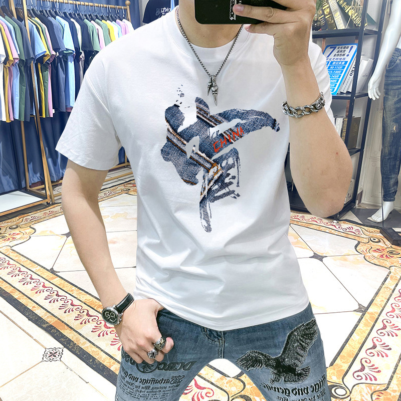 Men's T-shirt Short-sleeved Pure Cotton National Fashion Denim Printed Slim-fit All-match Clothes Men's Fashion Half-sleeved Top T-shirt