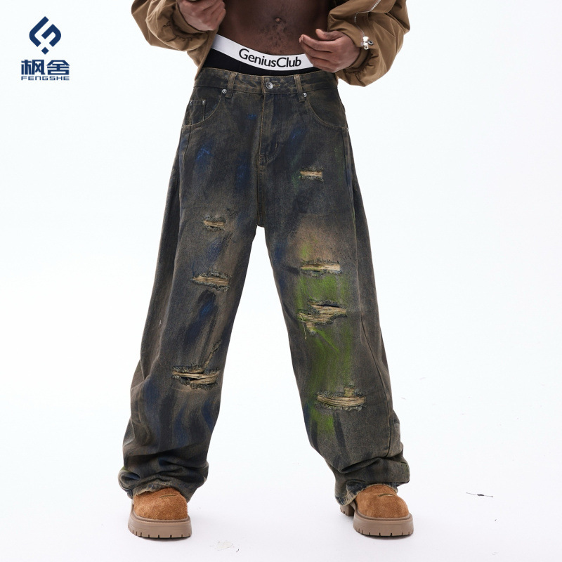 Fengshe Men's Clothing / Autumn/Winter New Trendy Brand Retro Loose Straight Washed Graffiti Fake Ripped Jeans Long Pants