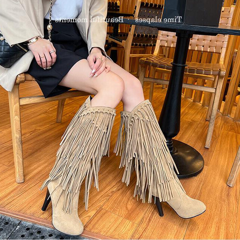 32-43 Size Boots European and American Tassel High-Heeled Boots Autumn and Winter New Women's Boots Thick-Heeled High Boots Export Women's Shoes