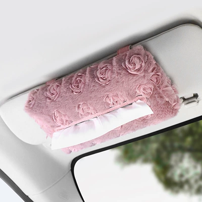 Car Sun Visor Tissue Box, Plush Rose Tissue Box for Car, Light Luxury High-Quality Texture Car Interior Storage Tissue Box (Car tissue box/set) - pink