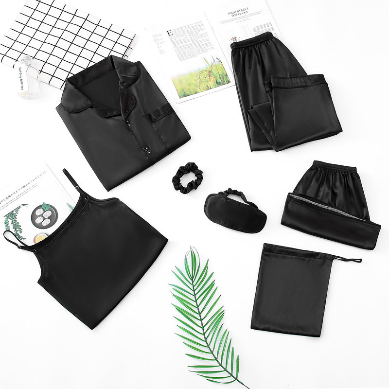 Entrega de una pieza nueva flor de siete piezas pijamas de manga larga de primavera de las mujeres de seda-como sexy homewear traje pijamas