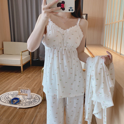 Three-Piece Nursing Pajamas with Bra Pads for Pregnant Women - Spring and Autumn Edition - Pure Cotton Maternity and Postpartum Wear - Summer Breastfeeding Clothing