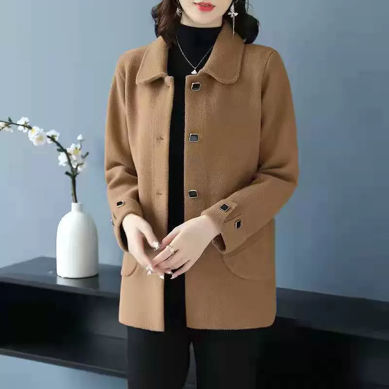 Демисезонное двустороннее бархатное шерстяное пальто, oversized стиль мамы, тёплая середина длины, красный/хаки/чёрный