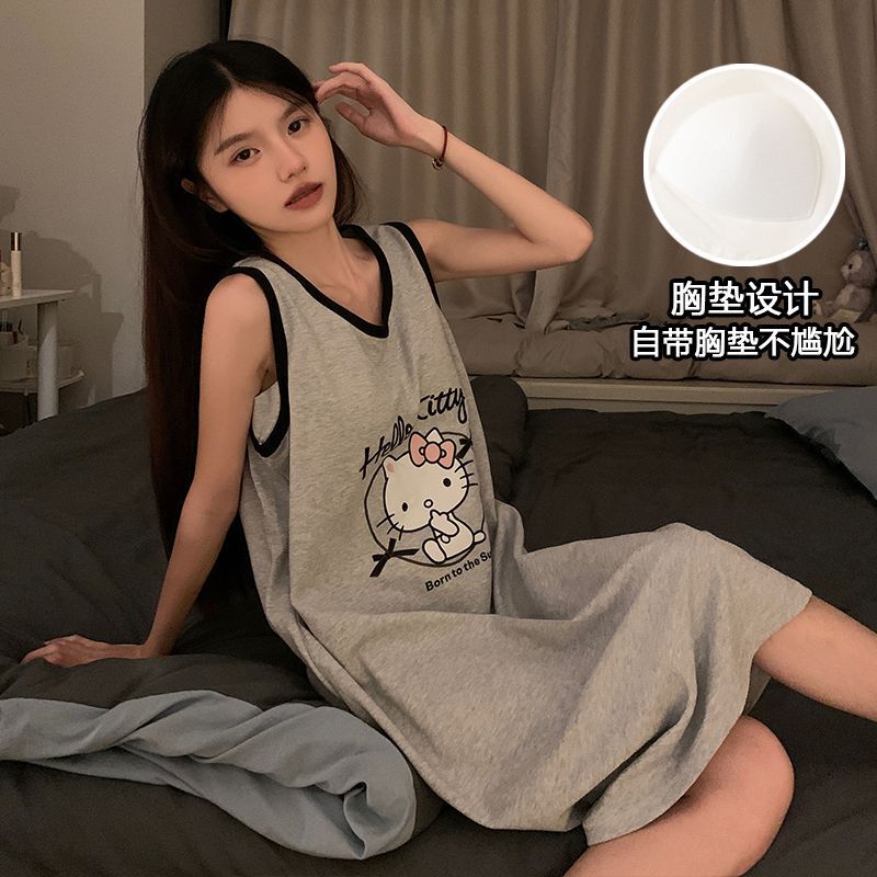 女性用ナイトガウン、韓国風、胸パッド付きサスペンダーパジャマ、ミッドレングス、漫画風ノースリーブホームウェア、甘い漫画スタイル|undefined