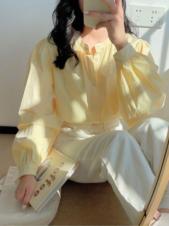 哥家商场同款女装2025秋季奶黄色圆领衬衣女法式别致独特小众衬衫|undefined