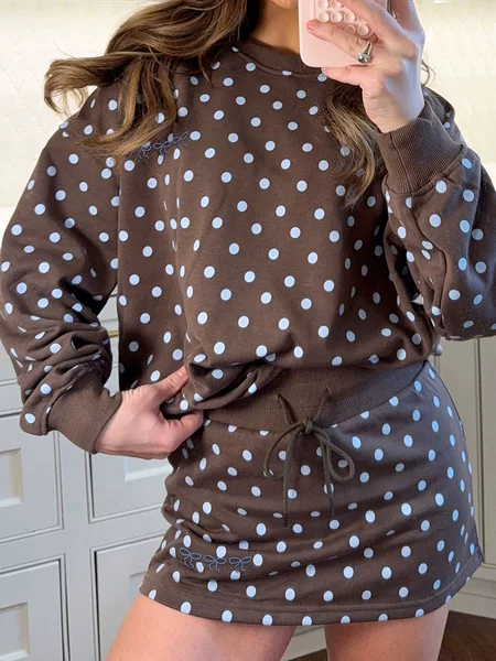 Autumn New Drawstring Skirt-Style Two-Piece Set for Women, European and American Fashion, Playful Polka Dot Print Casual Outfit, One-Piece Wholesale