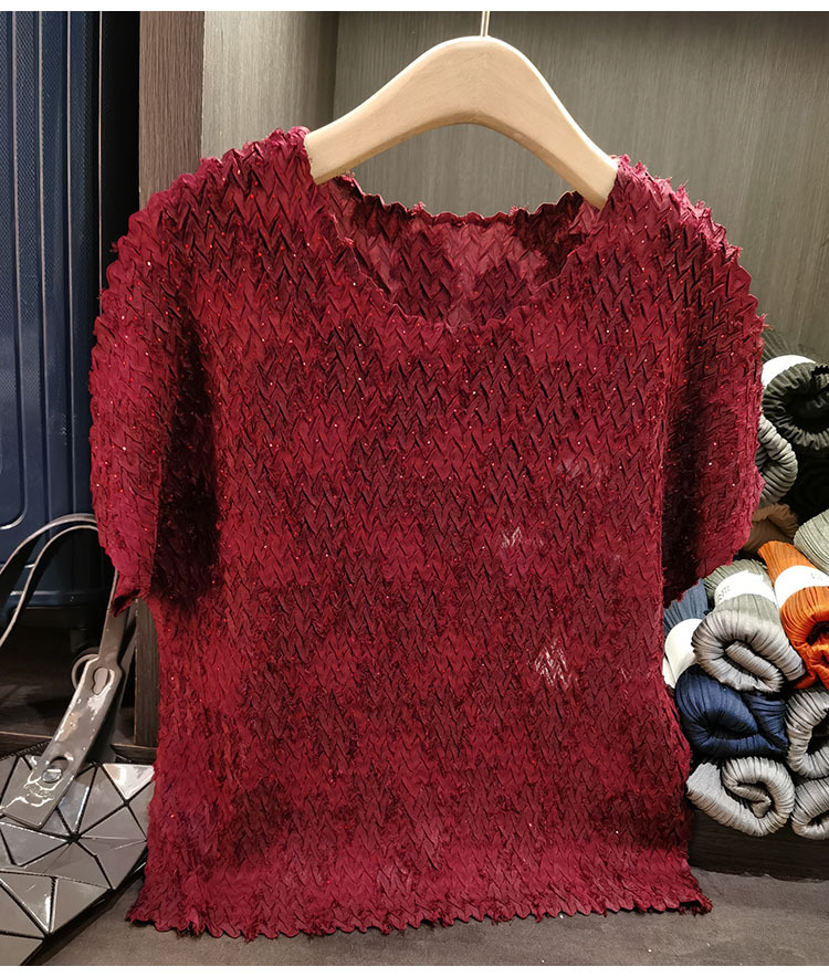 Áo thun cổ tròn dáng rộng tay ngắn xếp ly bèo nhún mùa hè — Màu đen, Màu xanh navy, Màu đỏ hoa hồng, Màu trắng chi tiết 19