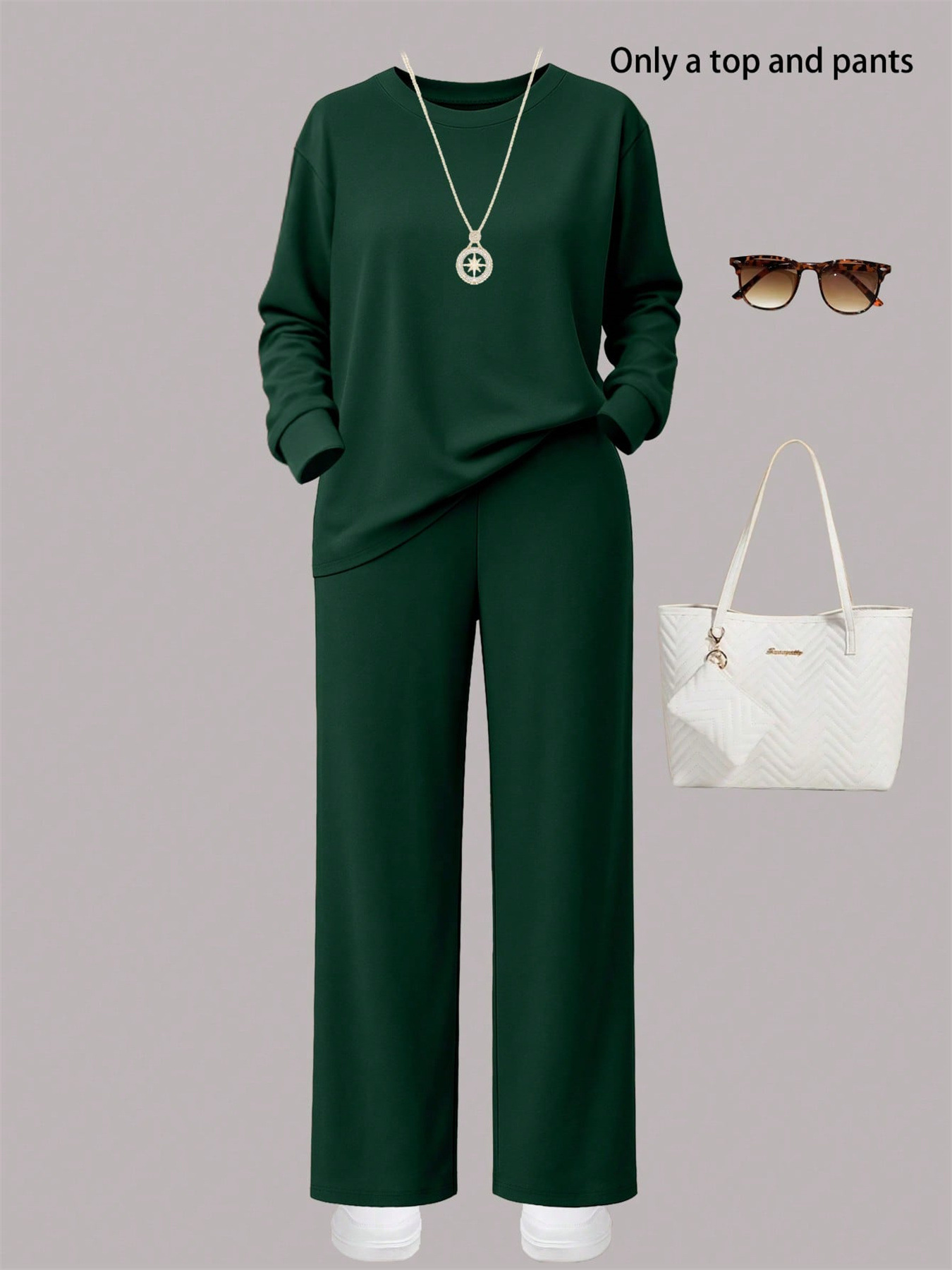 Women's Autumn/Winter Two Piece Set Style Solid Color Round Neck Long Sleeve Top With Wide Leg Straight Leg Pants_ecoleips.com