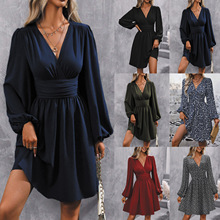 秋冬新款斜领灯笼袖褶饰腰部连衣裙