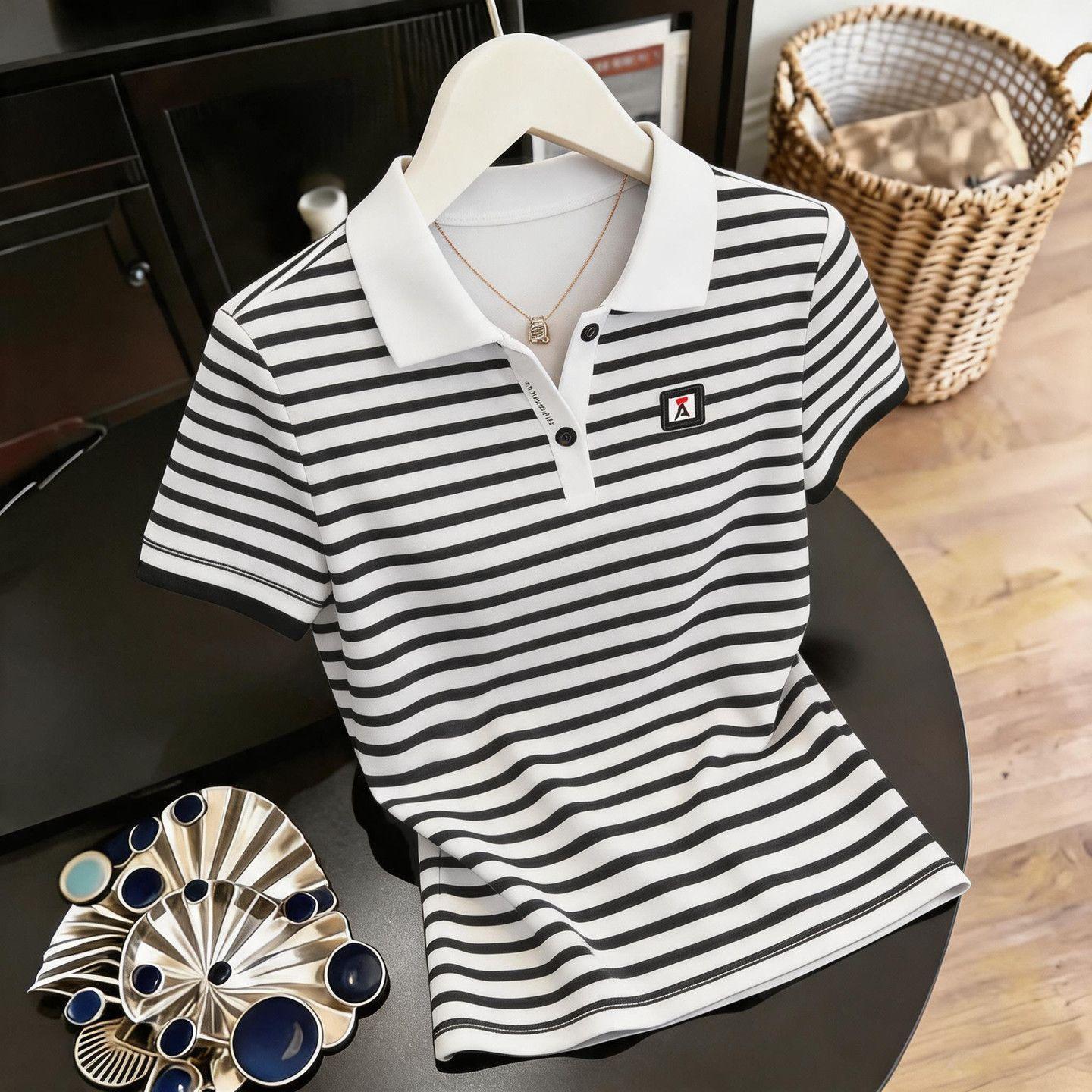 New style collared short-sleeved summer women's t-shirt, fashionable and elegant, striped, slimming, and tummy-concealing plus size top.
