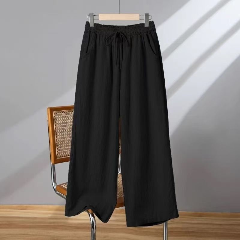 Drawstring Elastic Waist Cropped Pants [Cotton Linen] Loose High-Waisted Casual Thin Wide-Leg Pants Women's Straight Pants