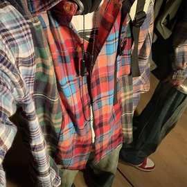 潮流不规则彩色格子拼接长袖衬衫衬衣男美式街头嘻哈设计宽松上衣