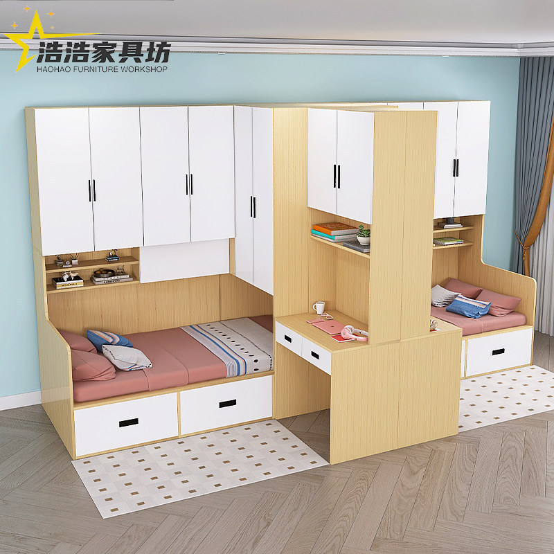 Small Apartment Partitioned Bed with Separate Sleeping Areas for Siblings, Integrated Desk and Standing Cabinet, Space-Saving, Large Capacity Storage Wardrobe Bed Small Apartment Partitioned Bed with Separate Sleeping Areas for Siblings, Integrated Desk and Standing Cabinet, Space-Saving, Large Capacity Storage Wardrobe Bed