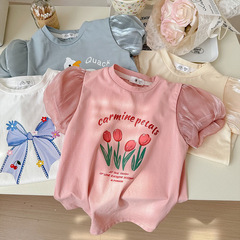 女の子の夏の新型の通気性の半袖はキャンディー色の子供服のtシャツの中で子供のins風が底の甘い上着を打ちます。