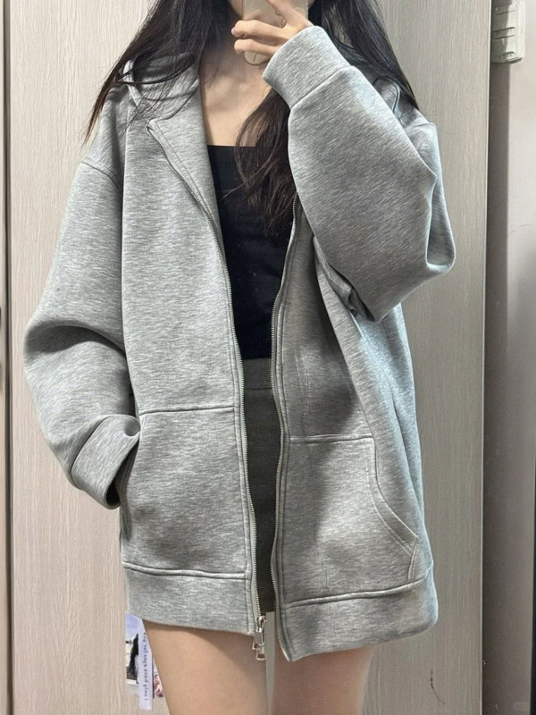 灰色连帽卫衣女秋季2025新款加绒宽松大码上衣开衫小个子拉链外套|undefined