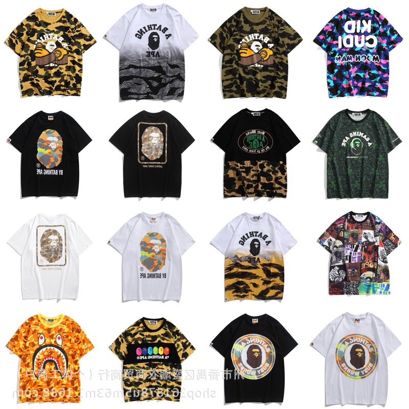 Cross-Border Wholesale Trendy Brand Bape Shark Head Camouflage T-Shirt 3D Loose Short-Sleeved Casual Tops for Men and Women