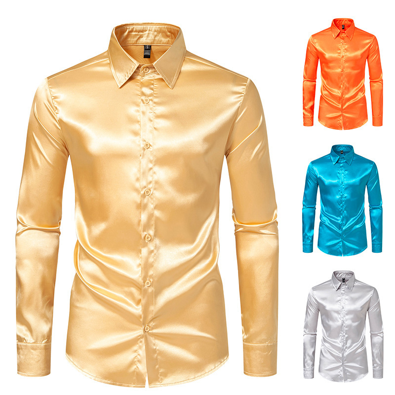 Cross-border Amazon Men's satin nightclub long-sleeved shirt youth loose casual solid color simple men's shirt in stock