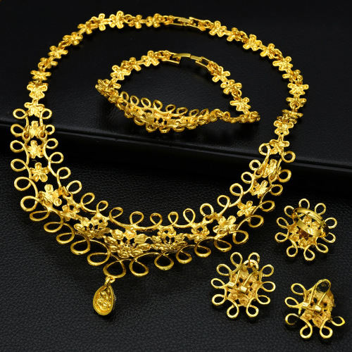 Middle East Supply Gold-Plated Diamond-Embedded Bridal Jewelry Set of Four Necklaces Earrings Bracelets Rings Wholesale