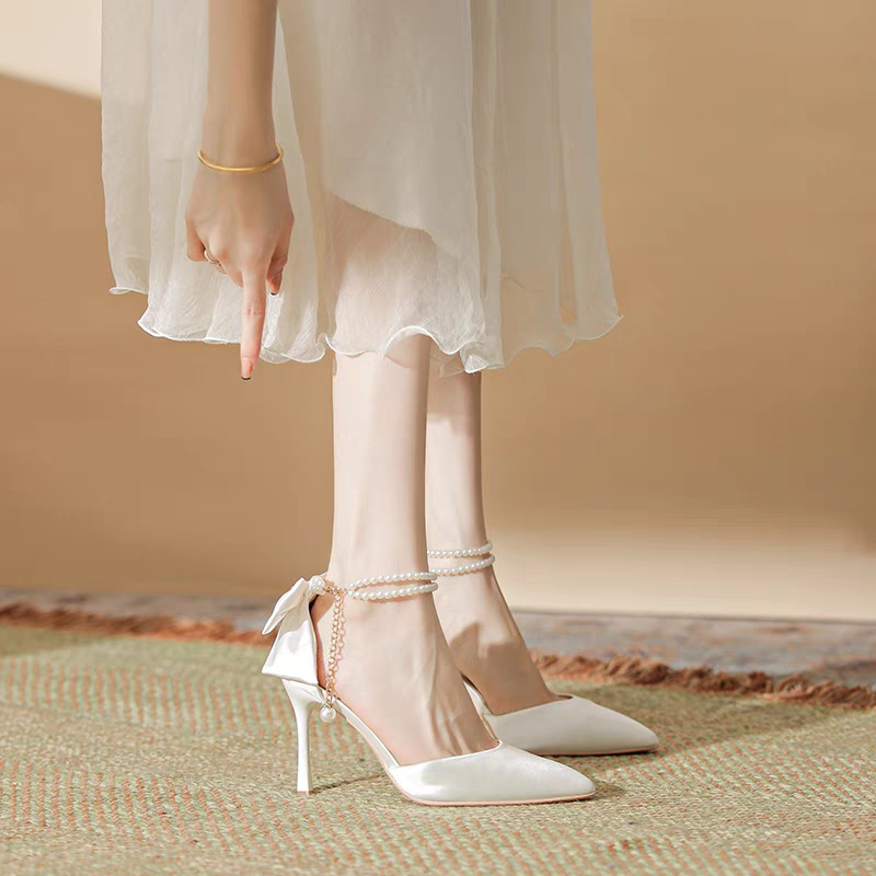 Pointed-toe Women's Shoes, New Autumn 2025 Model, A Single Strap, Pearl Bow, Fairy-style White High With Thin Heels_vogvips.com