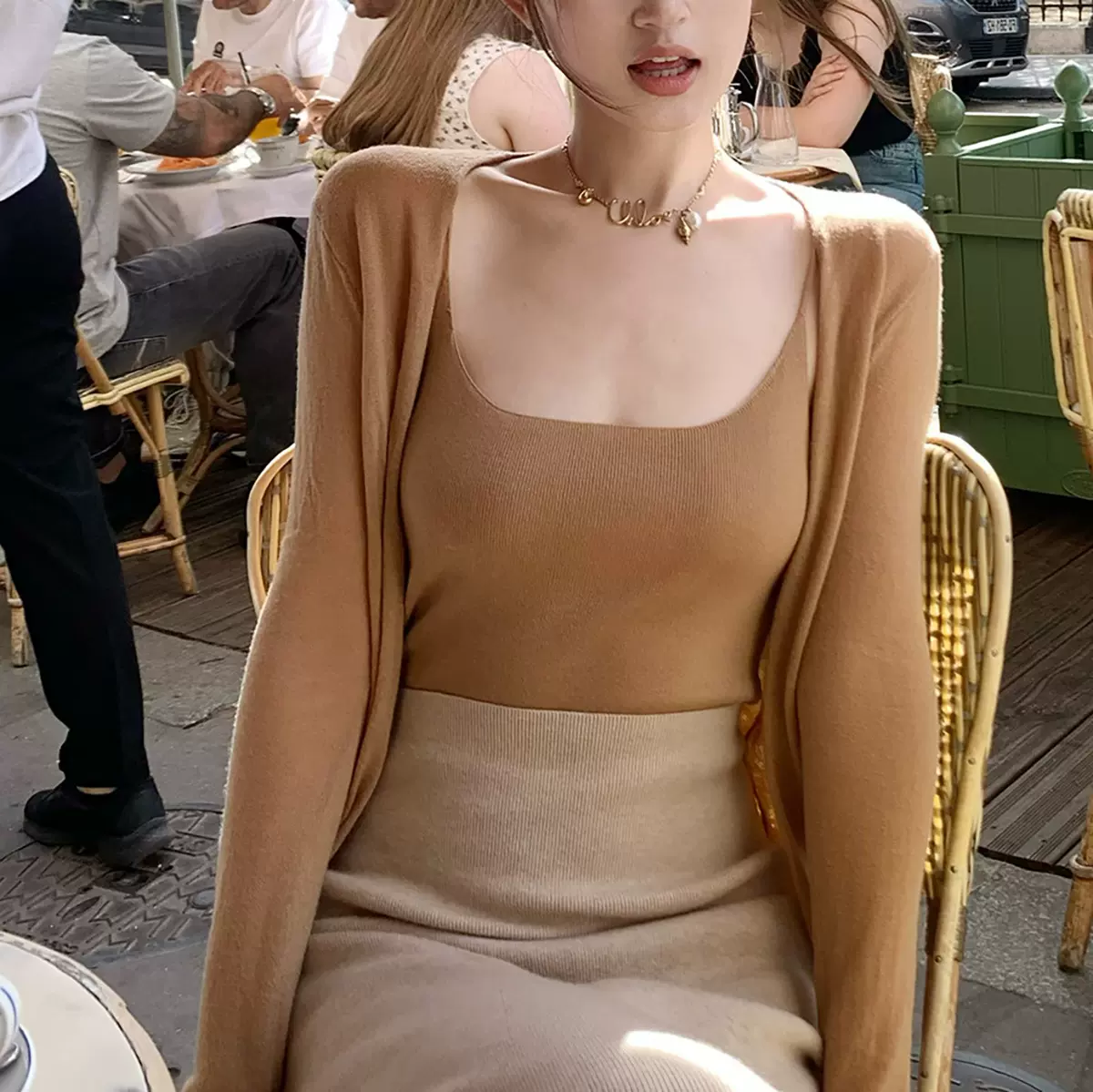 莉莉周 舒适羊毛系列 芭蕾日常感针织开衫吊带背心早秋套装女