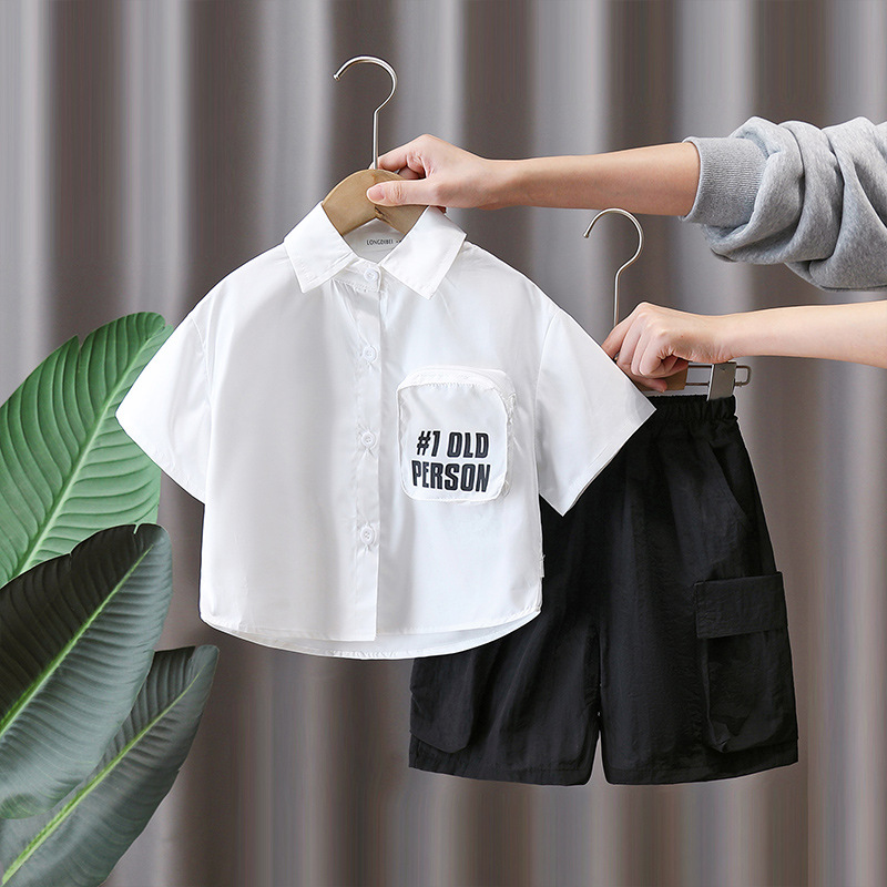 7158 Traje de camisa de verano para niños 2025 nueva ropa para niños coreanos de manga corta estilo universitario de dos piezas para niños