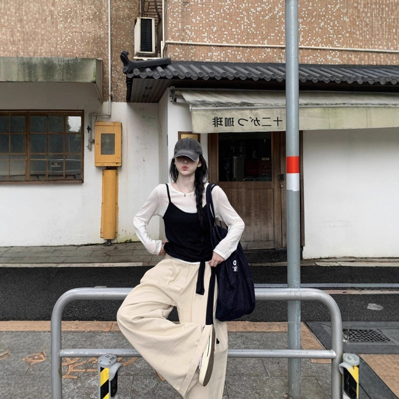 韩系慵懒松弛感上衣女早秋长袖T恤气质针织衫两件套打底衫|undefined