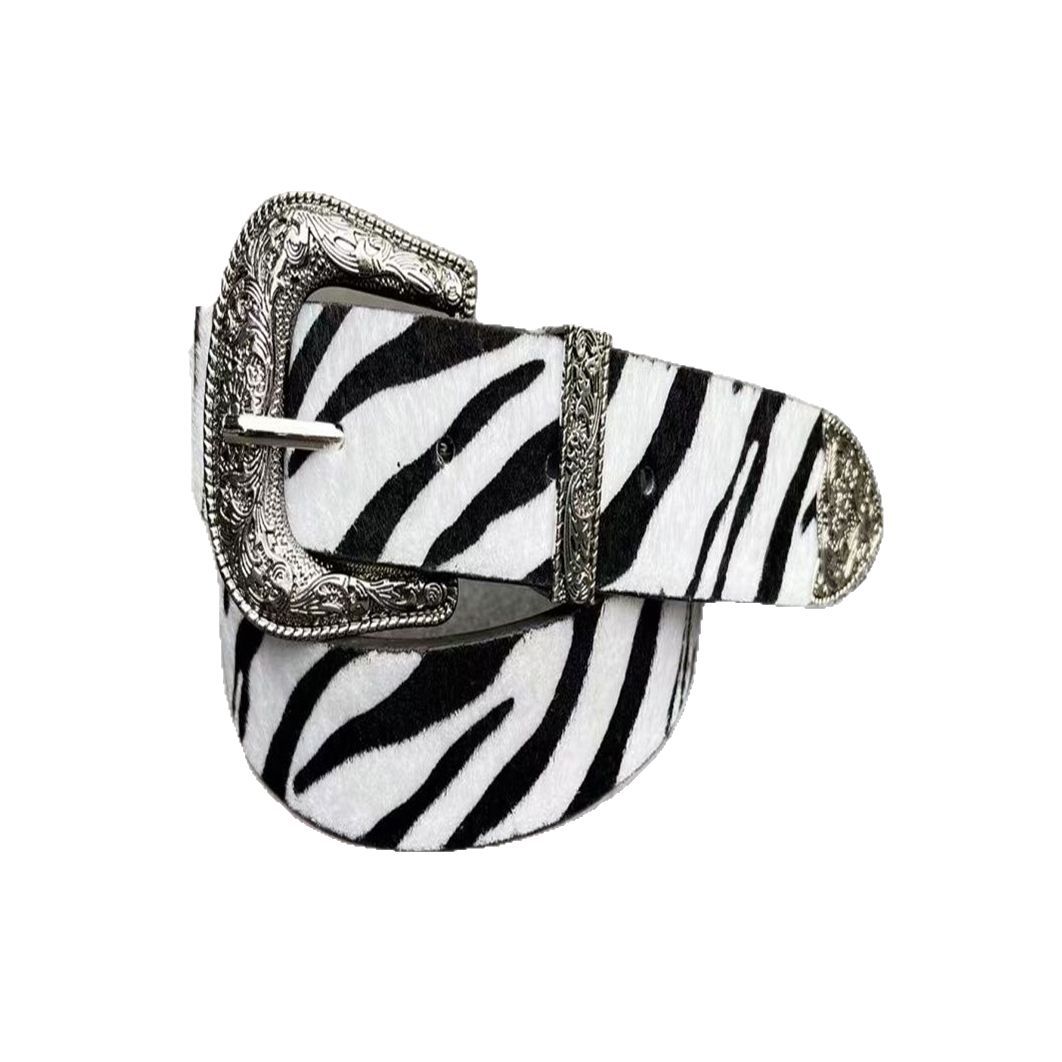 Cinturón vaquero occidental con hebilla floral grabada, juego de tres piezas, diseño de crin de caballo con estampado de cebra, moderno y original.