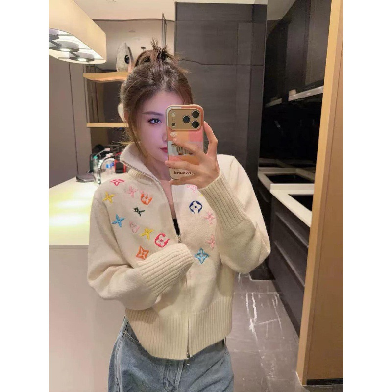 Autumn and Winter Lapel Small Fragrant Style Colorful Graphic Embroidered Zipper Knitted Cardigan Long-Sleeved Loose Slimming Look Sweater Thick Jacket