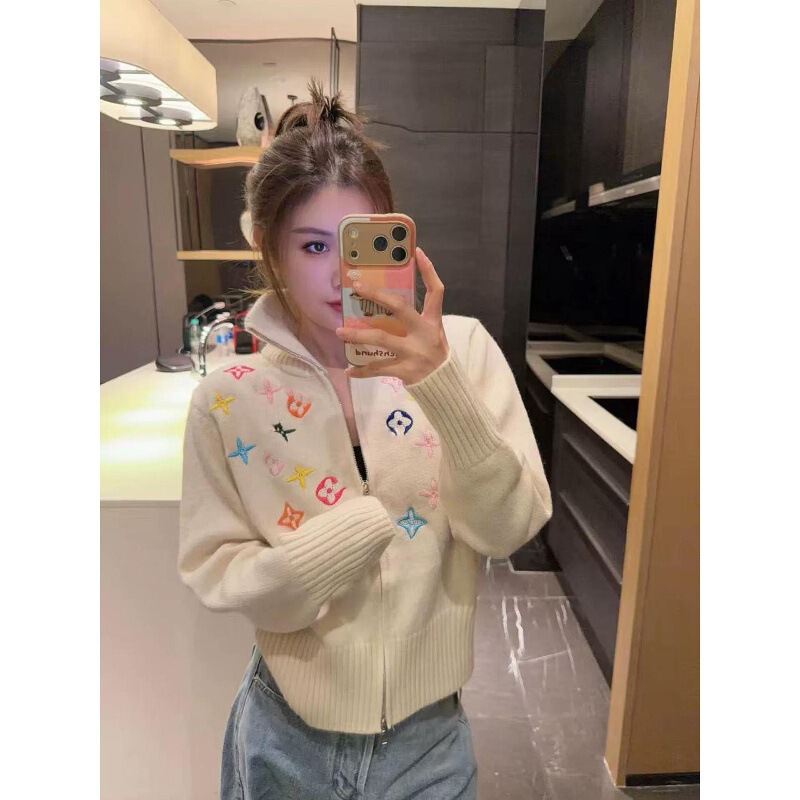 Autumn and Winter Lapel Small Fragrant Style Colorful Graphic Embroidered Zipper Knitted Cardigan Long-Sleeved Loose Slimming Look Sweater Thick Jacket
