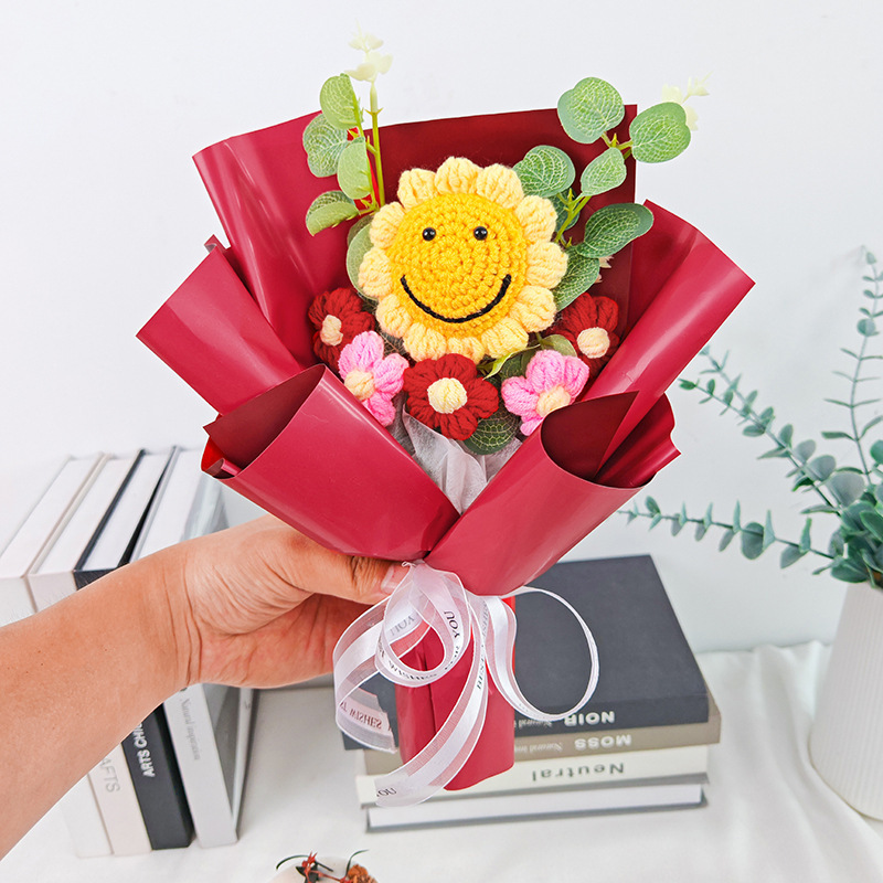 빨간 포장 웃는 해바라기 꽃다발