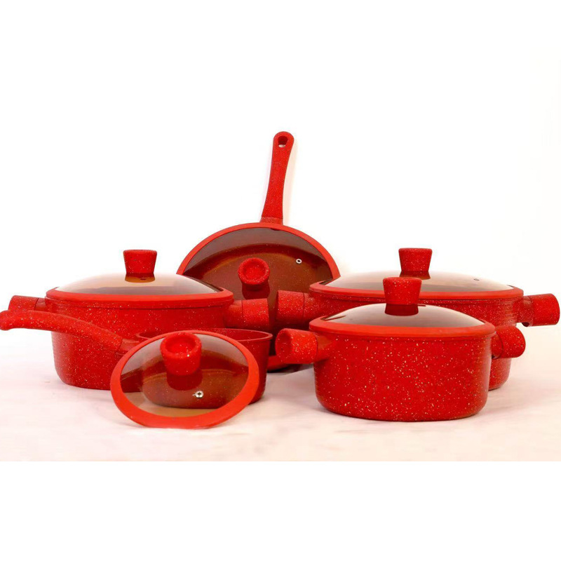 Olla de sopa de fondo plano antiadherente, juego de utensilios de cocina, olla de fundición a presión de piedra médica, juego de cocina de diez piezas