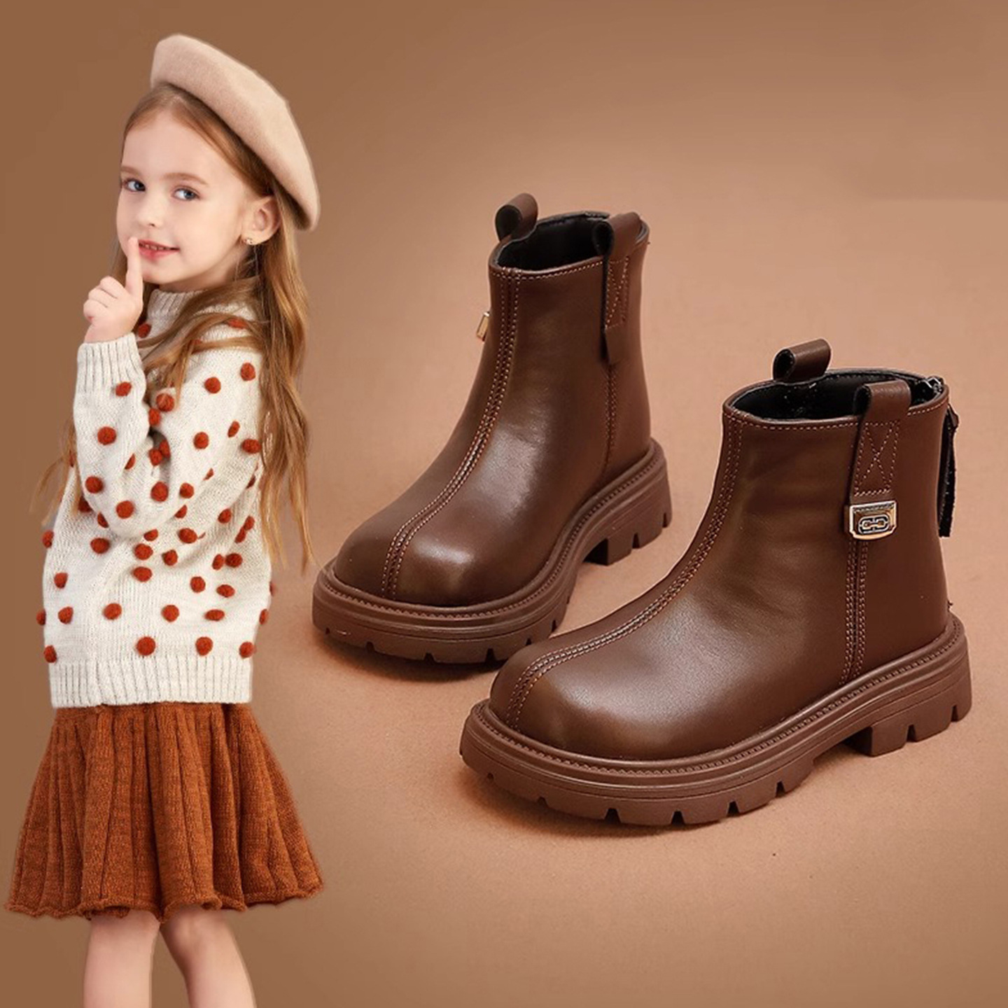 Girls' Boots, Short Boots, Kidsren's Boots, Soft-Soled Little Princess Short Boots, Autumn and Winter Baby Leather Boots, Low Boots