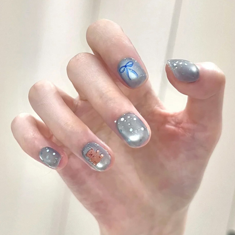 Wearable Nails Short Style Light Blue Cute Cartoon Bear Polka Dot Bow Women's Phototherapy Wearable Nail Patches